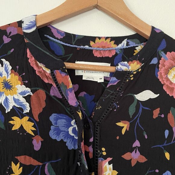 Anthropologie Black Floral Josie Dolman Sleeve Top XSP Crepe Boho Peasant Flowy - Picture 4 of 12
